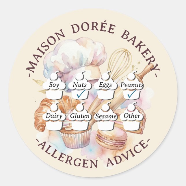 Food Safety Allergy Alert Bakery Pastry Chef Gold Classic Round Sticker (Front)