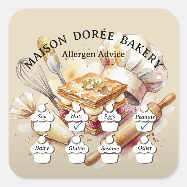 Food Safety Allergy Alert Bakery Pastry Chef Gold Square Sticker (Front)
