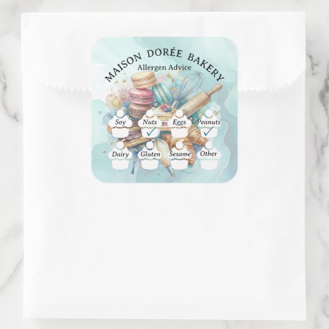 Food Safety Allergy Alert Bakery Pastry Chef Gold Square Sticker (Bag)