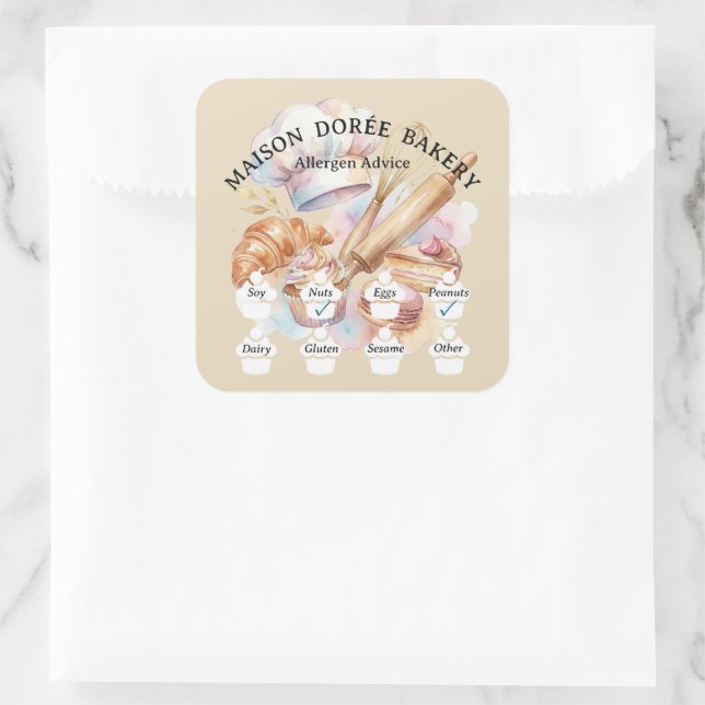 Food Safety Allergy Alert Bakery Pastry Chef Gold Square Sticker (Bag)