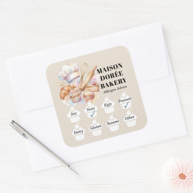 Food Safety Allergy Alert Bakery Store Pastry Chef Square Sticker (Envelope)
