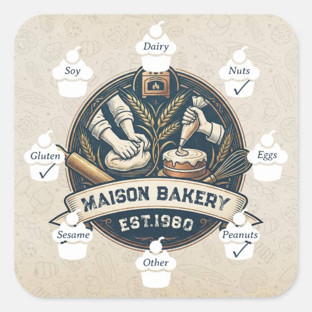 Food Safety Allergy Alert Bakery Store Pastry Chef Square Sticker (Front)