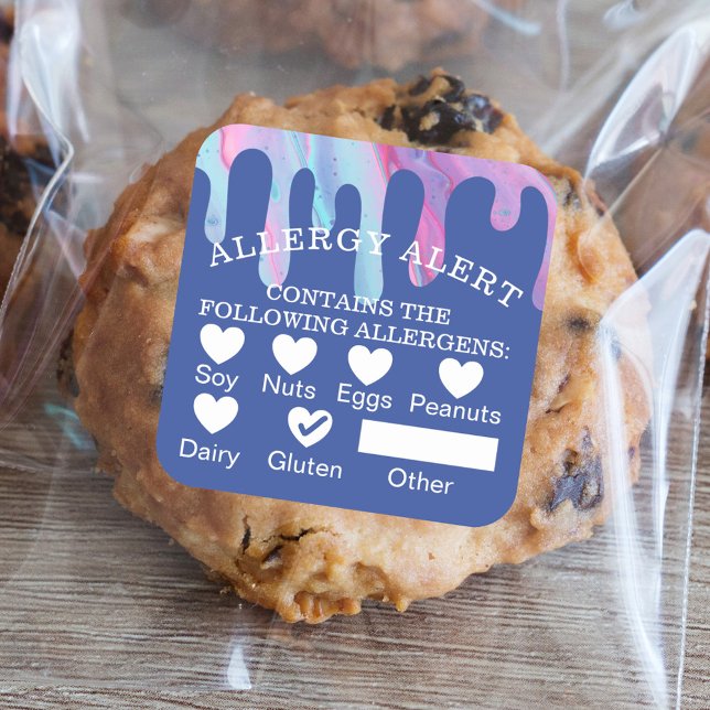 Food Safety Allergy Alert Pink Mirror Glaze Drip Square Sticker (Food Safety Allergy Alert Pink Mirror Glaze Drip Square Sticker)