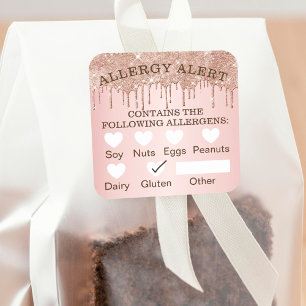 Food Safety Allergy Alert Rose Gold Glitter Drips Square Sticker