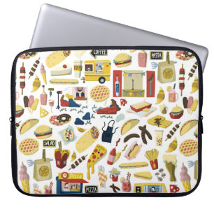 Food truck festival cartoon hand drawn elements se laptop sleeve