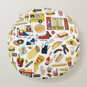 Food truck festival cartoon hand drawn elements se round cushion