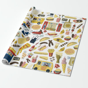 Food truck festival cartoon hand drawn elements se wrapping paper
