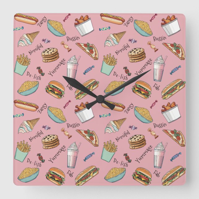 Foodie Faves Fabulous Pattern Square Wall Clock (Front)