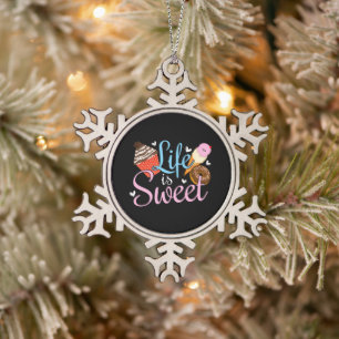 Foodie Life is Sweet Baking Quote - Cupcake Art Snowflake Pewter Christmas Ornament