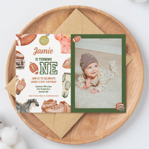 Football 1st Birthday Boys Watercolor Invitation