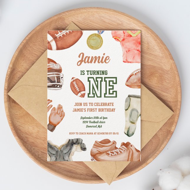 Football 1st Birthday Boys Watercolor Invitation (Creator Uploaded)