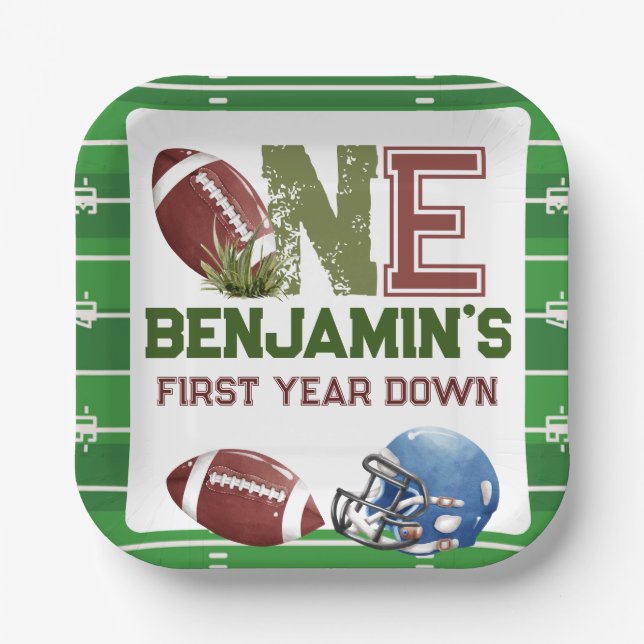Football 1st Year Down Birthday Paper Plate (Front)