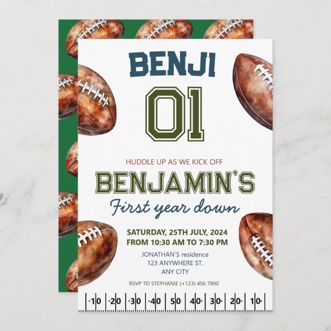 Football 1st Year Down Football BIrthday Party Invitation (Front/Back)