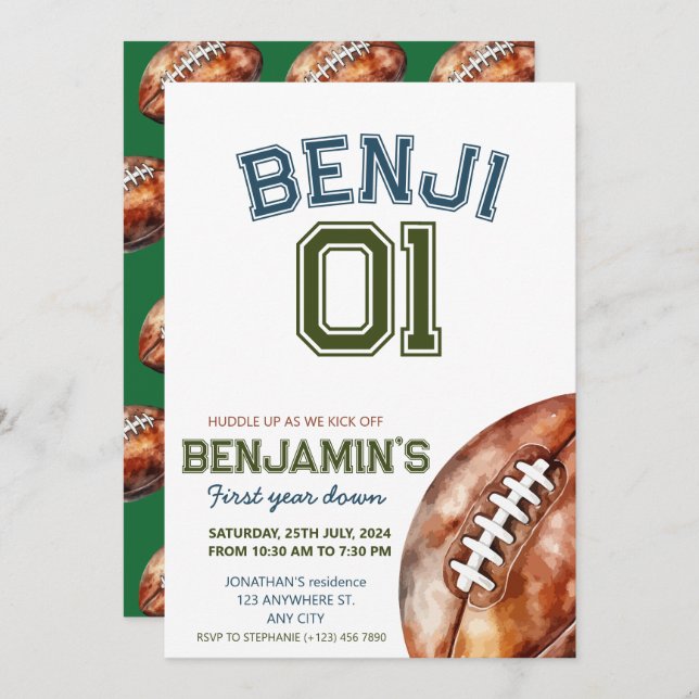 Football 1st Year Down Football BIrthday Party Invitation (Front/Back)