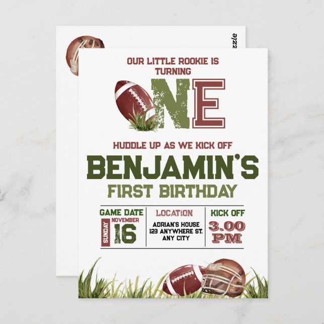 Football 1st Year Down Football BIrthday Party Postcard (Front/Back)