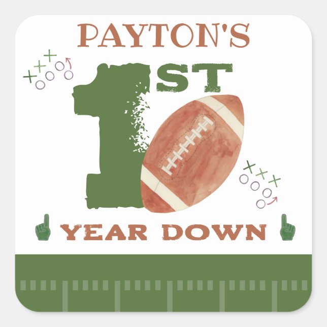 Football 1st Year Down Football BIrthday Party Square Sticker (Front)