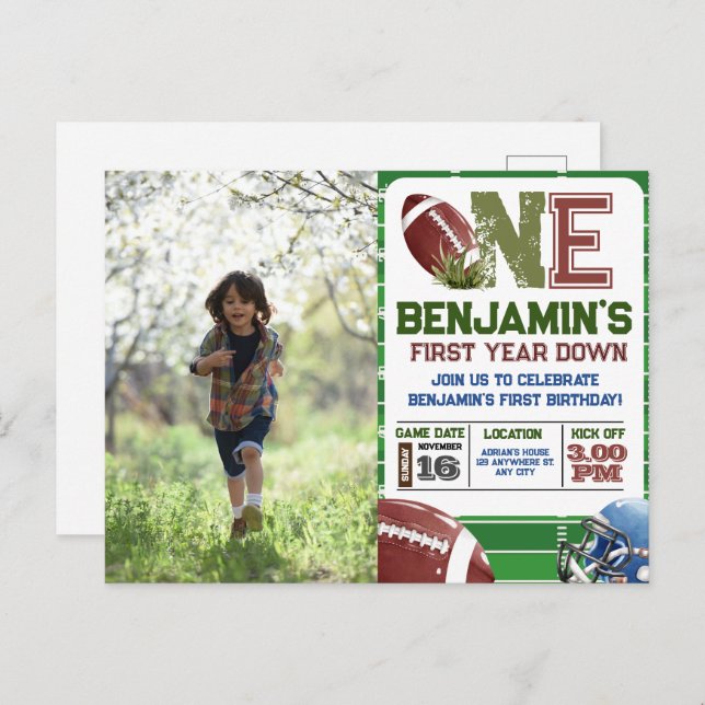 Football 1st Year Down Photo Birthday Postcard (Front/Back)