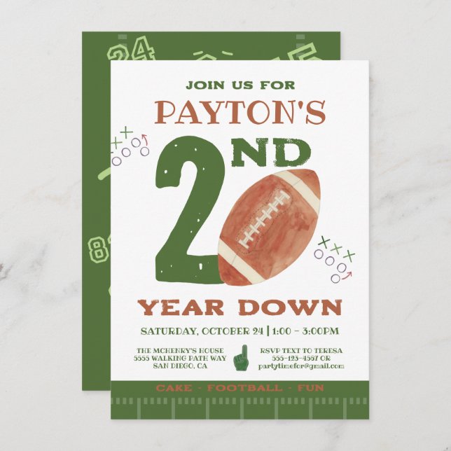 Football 2nd 3d 4th Year Down Football BIrthday Invitation (Front/Back)