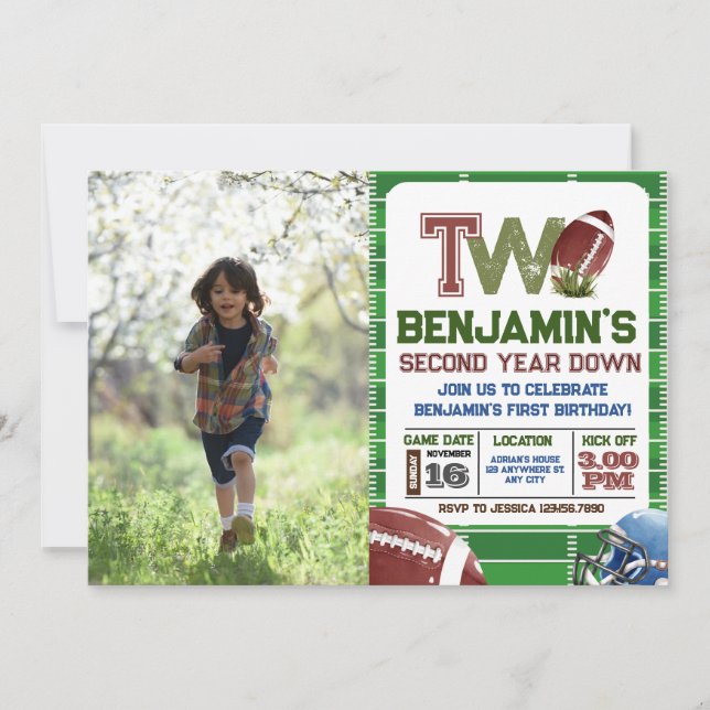 Football 2nd Year Down Photo Birthday Invitation (Front)