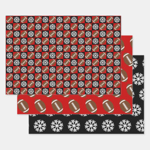 Football and Snowflake Red and Black Christmas Wrapping Paper Sheet