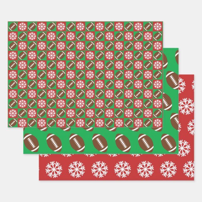 Football and Snowflake Red and Green Christmas  Wrapping Paper Sheet (Set)