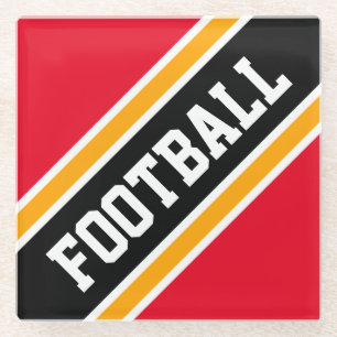 FOOTBALL Athletic Bright Red Black Slant Stripes Glass Coaster