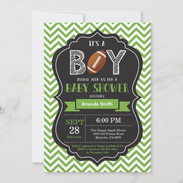 Football Baby Shower Invitation Boy Green Chevron (Front)