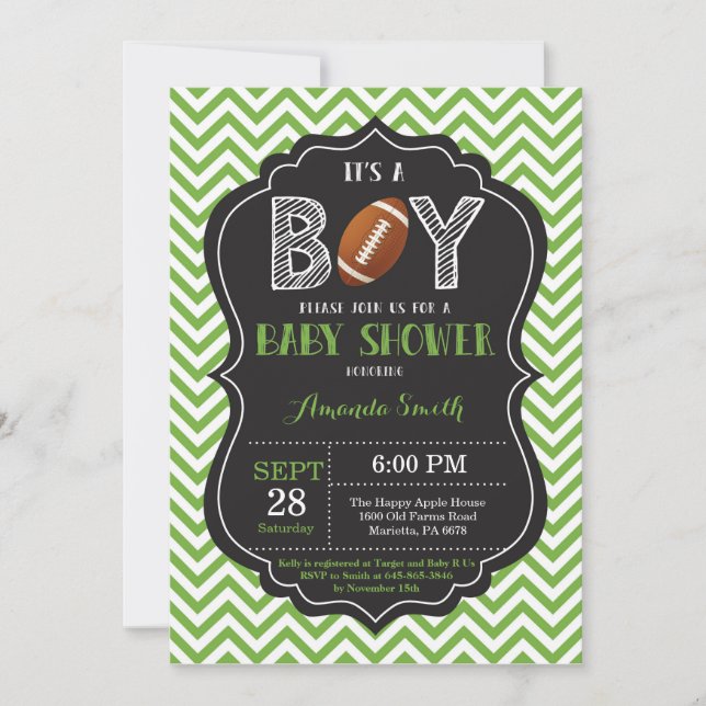 Football Baby Shower Invitation Boy Green Chevron (Front)