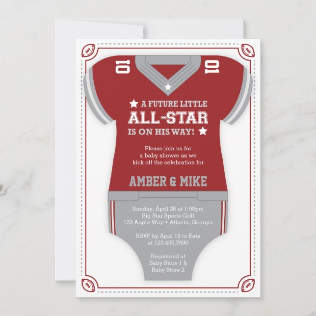 Football Baby Shower Invitation, Red, Grey Invitation (Front)