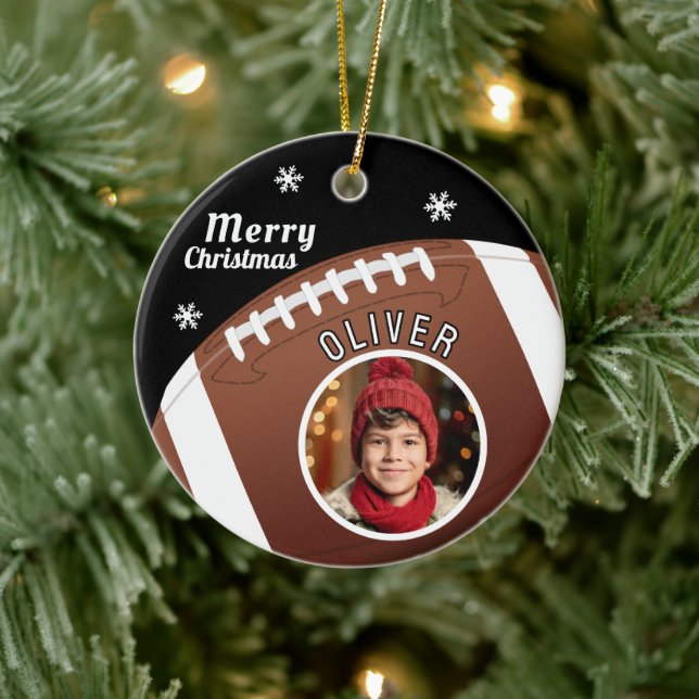 Football Ball Custom Name Merry Christmas Photo Ceramic Ornament (Tree)