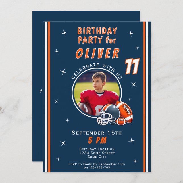 Football Ball Helmet Cartoon Photo Birthday Invitation (Front/Back)