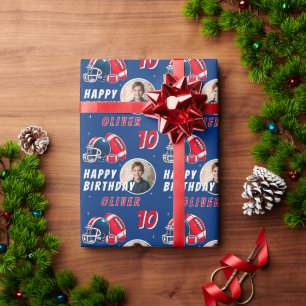 Football Ball Helmet Cartoon Photo Birthday Wrapping Paper