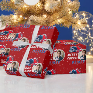 Football Ball Helmet Cartoon Photo Merry Christmas Wrapping Paper