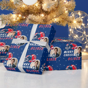 Football Ball Helmet Cartoon Photo Merry Christmas Wrapping Paper