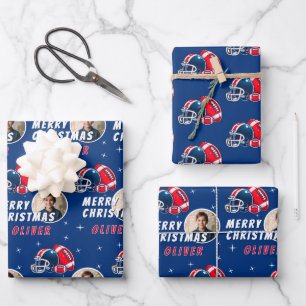 Football Ball Helmet Cartoon Photo Merry Christmas Wrapping Paper Sheet