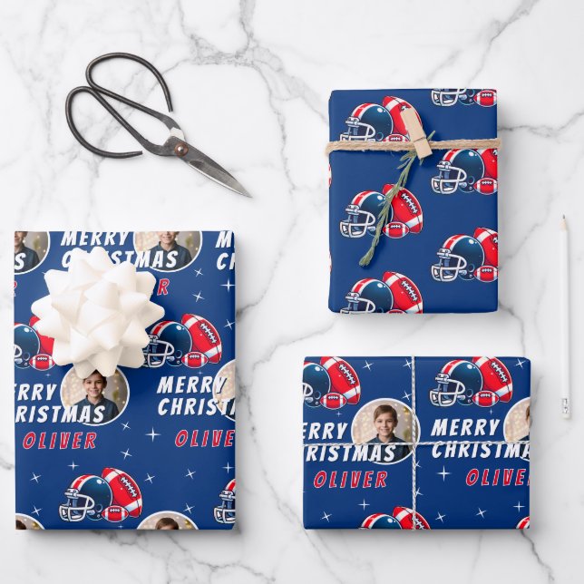 Football Ball Helmet Cartoon Photo Merry Christmas Wrapping Paper Sheet (Front)
