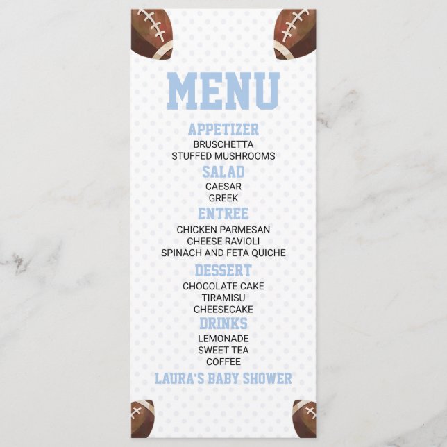 Football Ball Sports Blue Baby Shower Food Menu (Front)