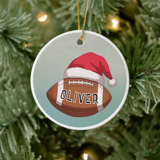 Football Ball with Red Santa Hat Name Christmas Ceramic Ornament (Tree)