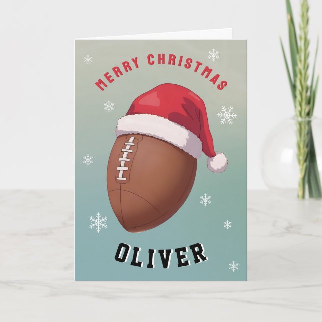 Football Ball with Red Santa Hat Name Christmas Holiday Card (Front)