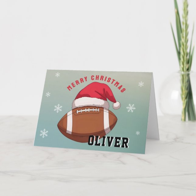 Football Ball with Red Santa Hat Name Christmas Holiday Card (Front)