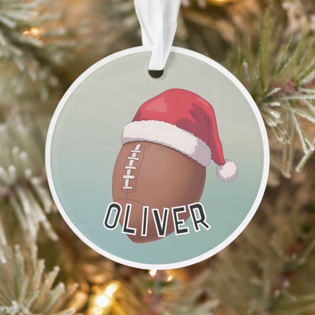 Football Ball with Red Santa Hat Name Christmas Ornament (Tree)