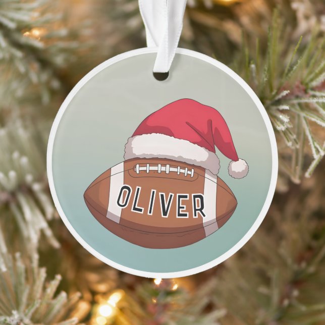 Football Ball with Red Santa Hat Name Christmas Ornament (Tree)