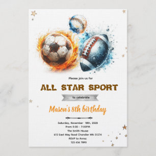 Football baseball and soccer party Invitation