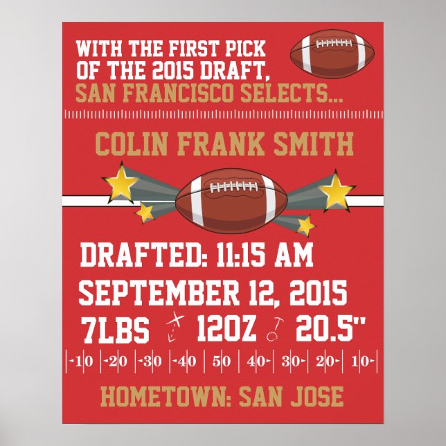 Football Birth Announcement - Red & Gold Poster (Front)