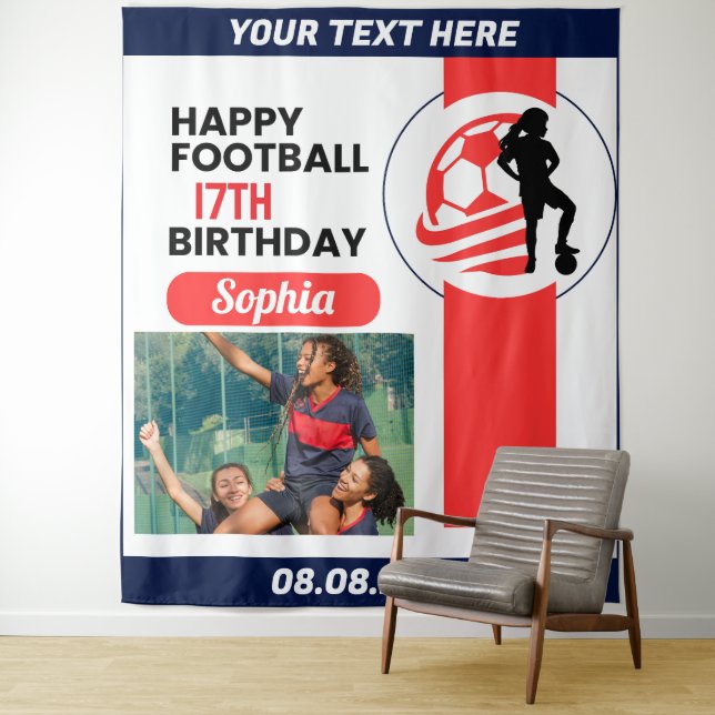 Football Birthday, Football Girl Player Backdrop Tapestry (In Situ)