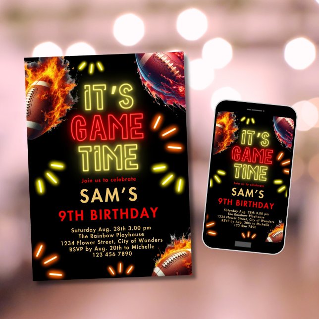 Football Birthday Invitation Boys Neon Game Time (Creator Uploaded)