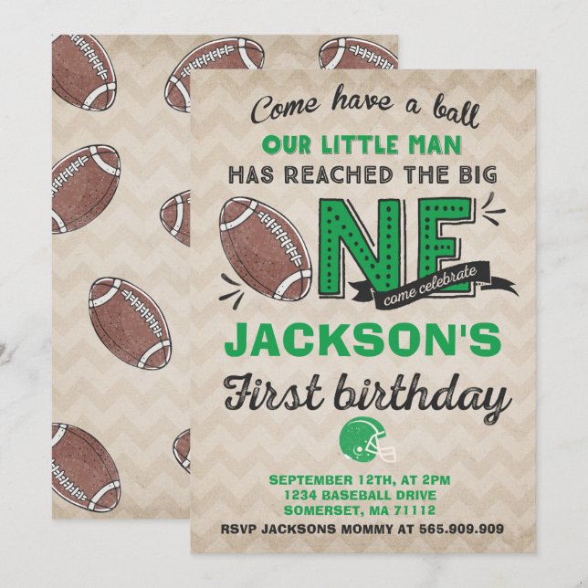 Football Birthday Invitation Football 1st Birthday (Front/Back)