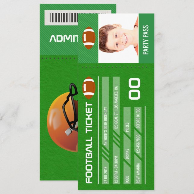 Football Birthday Party add photo Ticket Entrance Invitation (Front/Back)