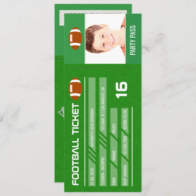 Football Birthday Party add photo Ticket Entrance Invitation (Front/Back)