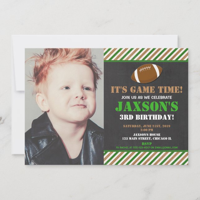 Football birthday party green black boy photo invitation (Front)